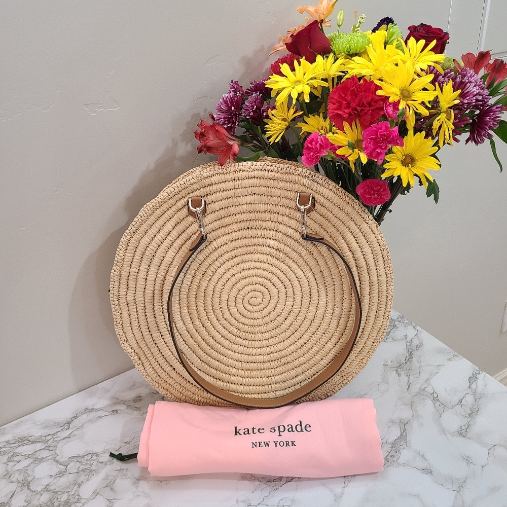 kate spade Natural Straw Round Tote with Green Leaf Embroidery and White Script - Picture 2 of 6
